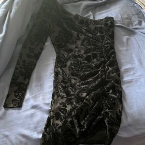 Privy size small women’s black dress with mesh long sleeve and ruching on side